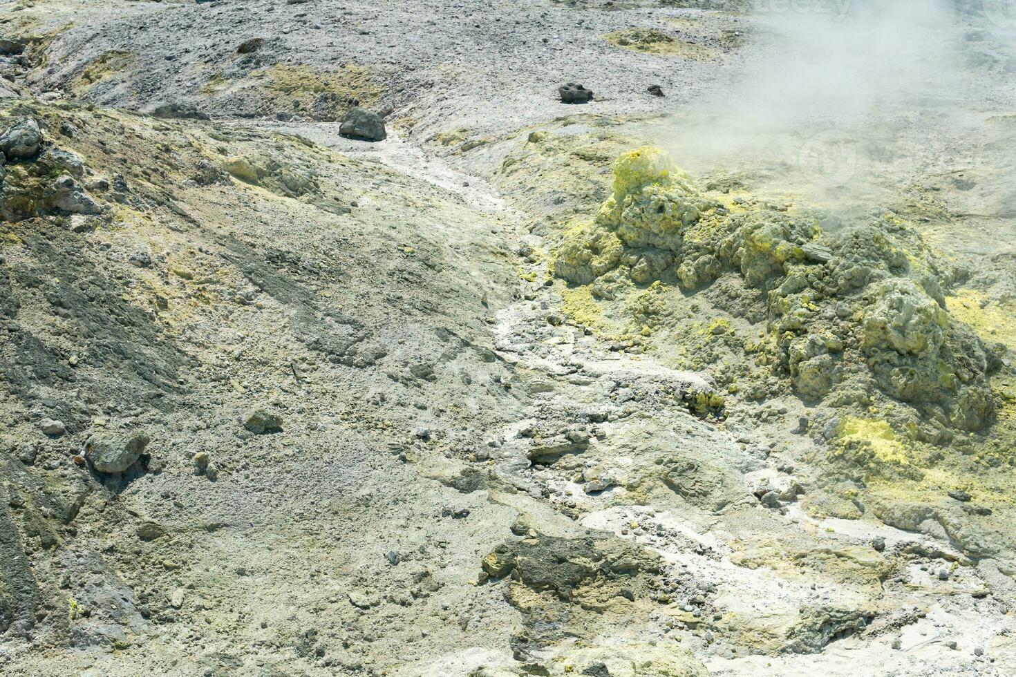 tephra soil with yellow deposits of sulfur minerals in the area of volcanic gases in the solfataric field photo