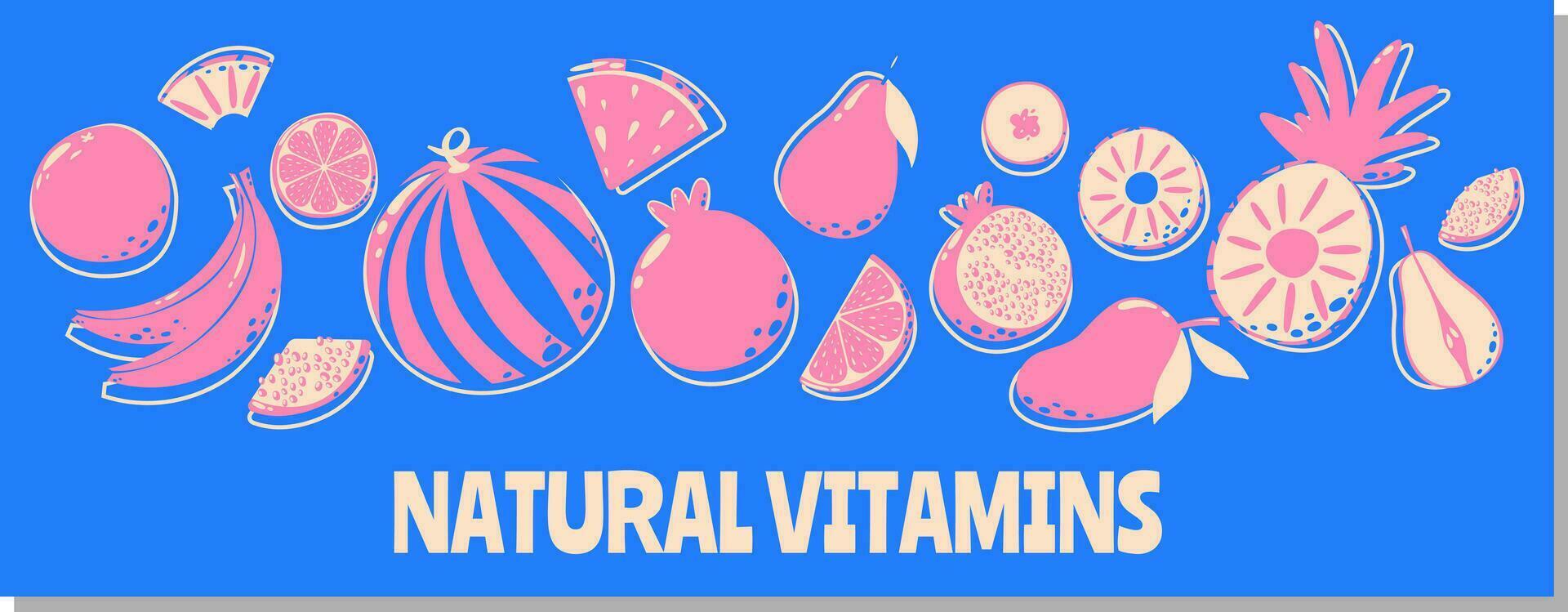 Bright fruit banner with text natural vitamins. Watermelon, pineapple, mango, orange and lemon, pear, bananas, pomegranate. For poster, flyer, fruit shop, social media vector