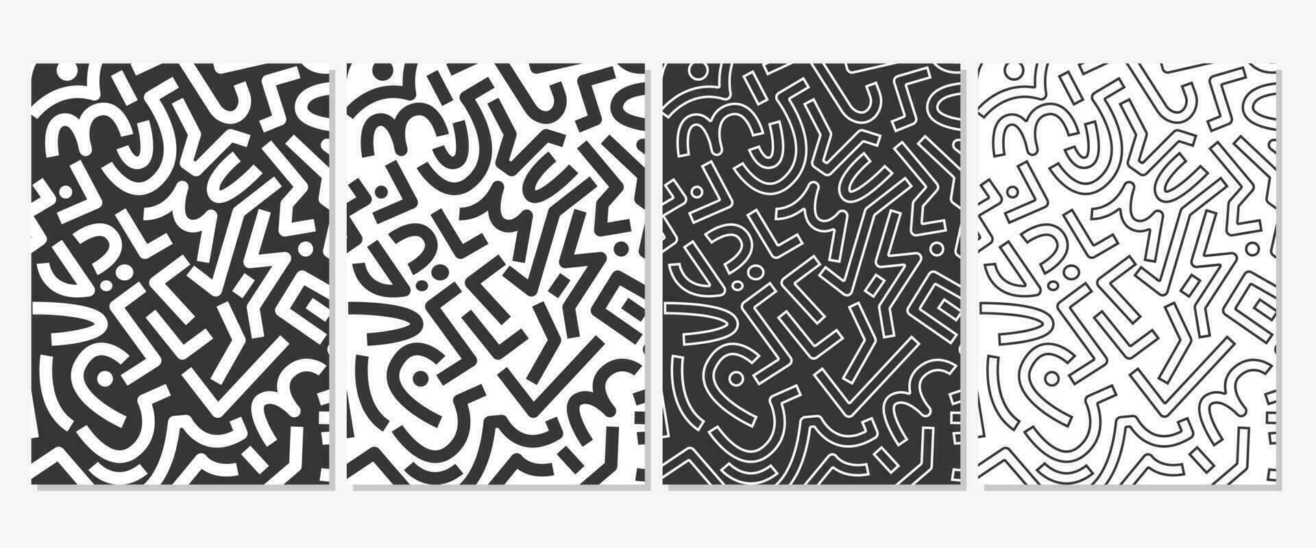 Abstract black and white geometric pattern background, vector monochrome shapes, figures, lines, circles. Trendy minimalistic set of artwork for poster, banner, flyer, cover