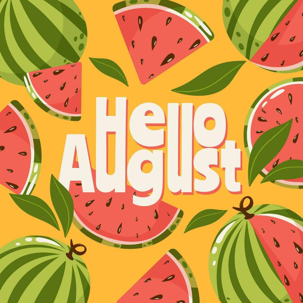 Watermelon square poster with text hello august. Fun summer vitamin vector illustration for banner, flyer, card, social media