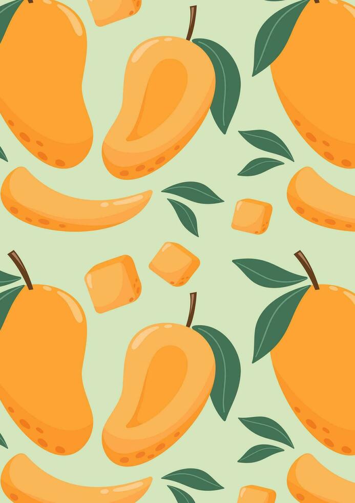 Mango background with whole and slices fruits. Summer tropical vitamin vector illustration for banner, poster, flyer, card, notebook. a4 format.