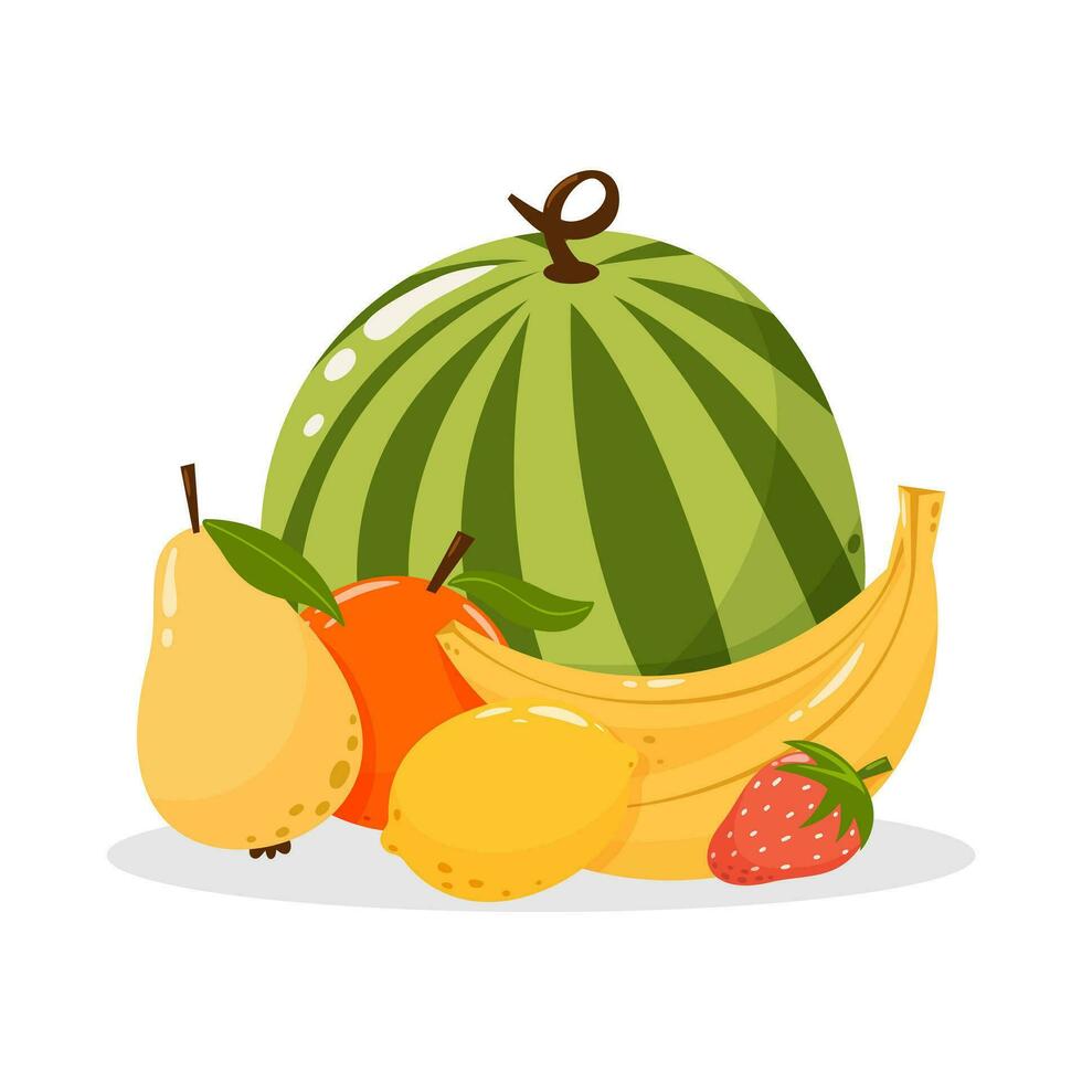 Seasonal tropical and local fruits and berries on isolated background. Watermelon, lemon, orange, pear, banana and strawberry. Summer vector illustration, cartoon flat style, healthy food concept