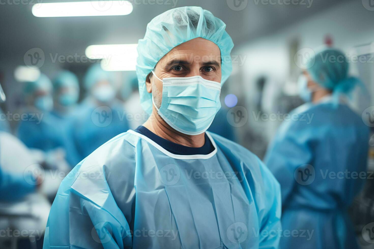 AI generated Portrait of surgeon standing in operating room with colleagues in the background photo