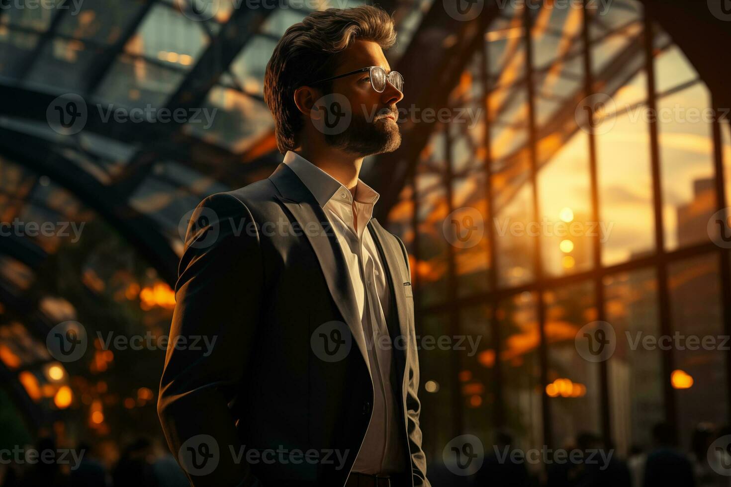 AI generated Handsome young businessman in suit and sunglasses standing in a modern office building, train station or airport photo