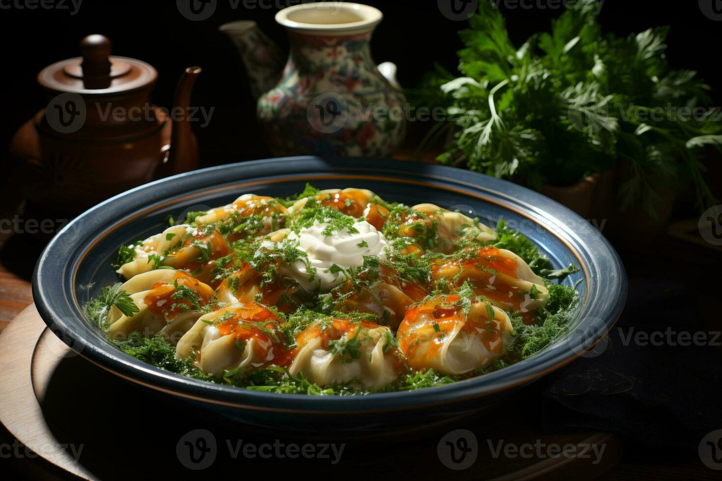 AI generated Boiled dumplings with cheese and parsley on a plate photo