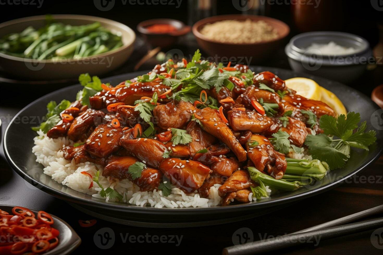 AI generated Honey glazed chicken in sweet and sour sauce served with rice photo