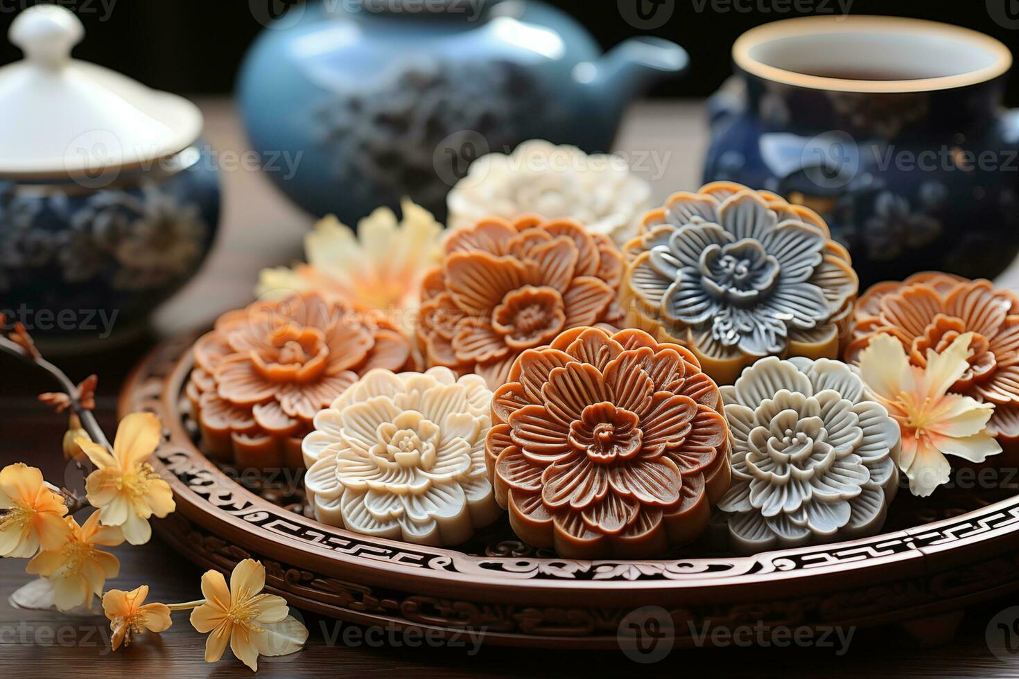 AI generated tradition chinese mooncakes in the form of flowers on a tray photo