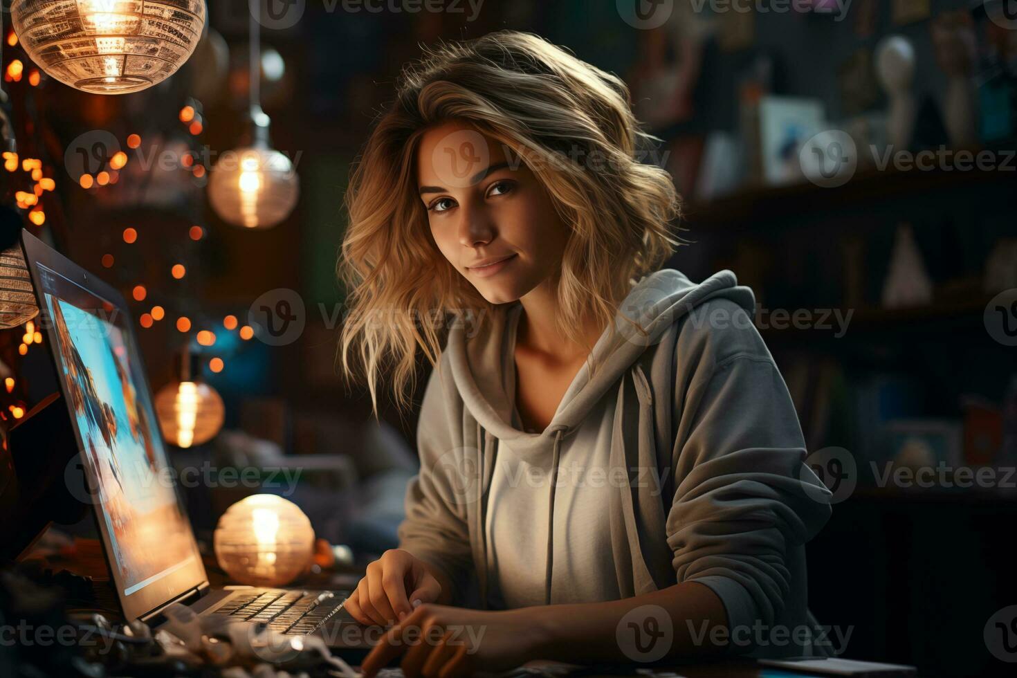 AI generated Beautiful young woman working on a laptop in at home dreams of a holiday photo