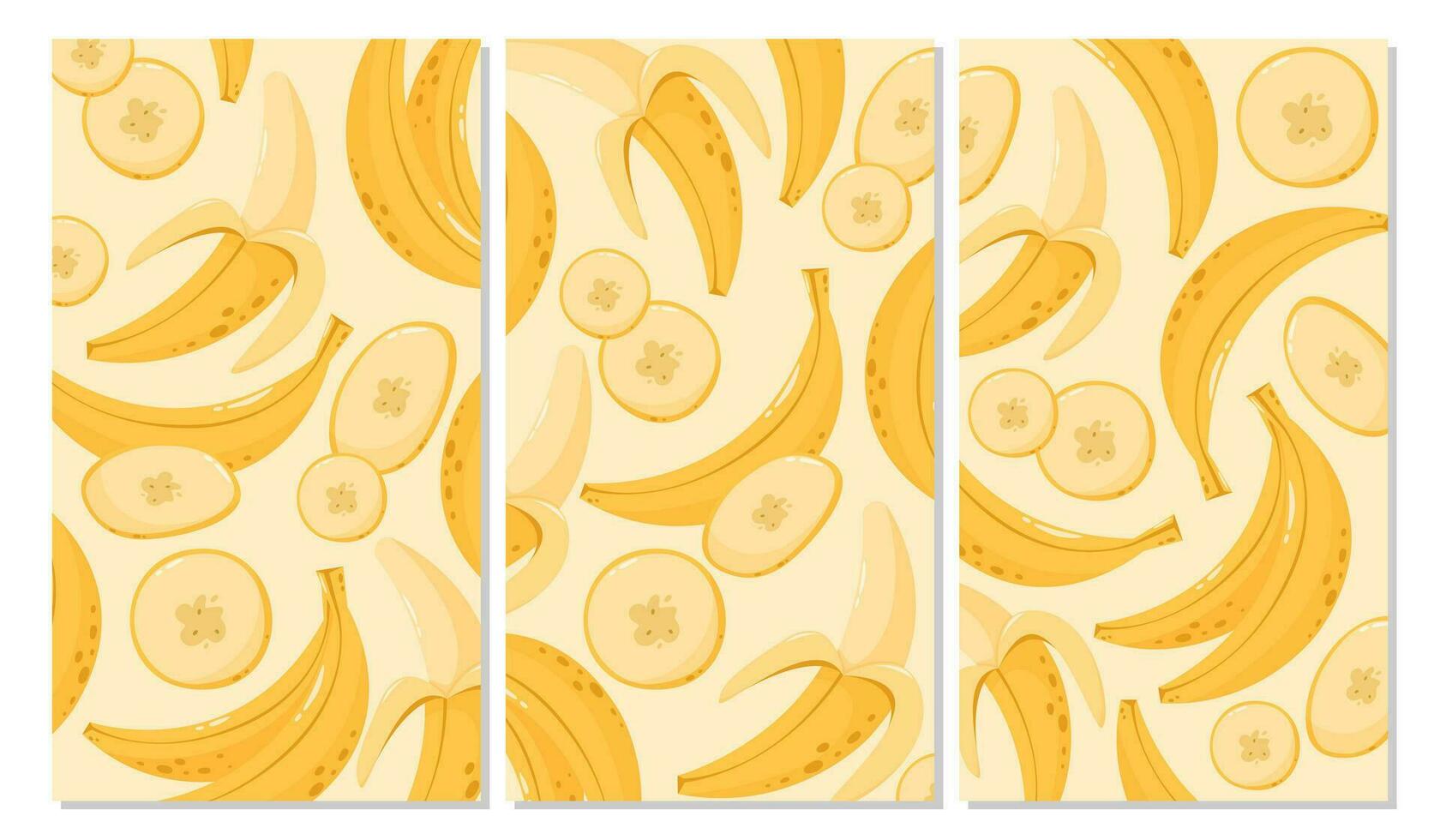 Set of banana backgrounds. Summer fruit vector illustration in cartoon flat style. For banner, poster, flyer, stories, cover