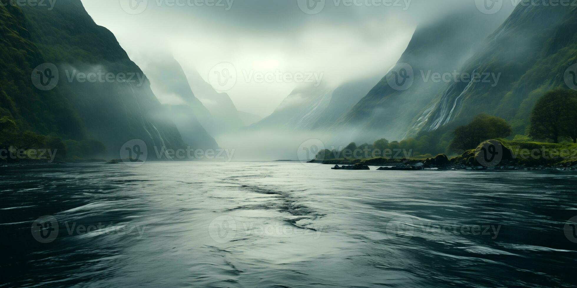 AI generated landscape of a mountain river valley during a flood photo