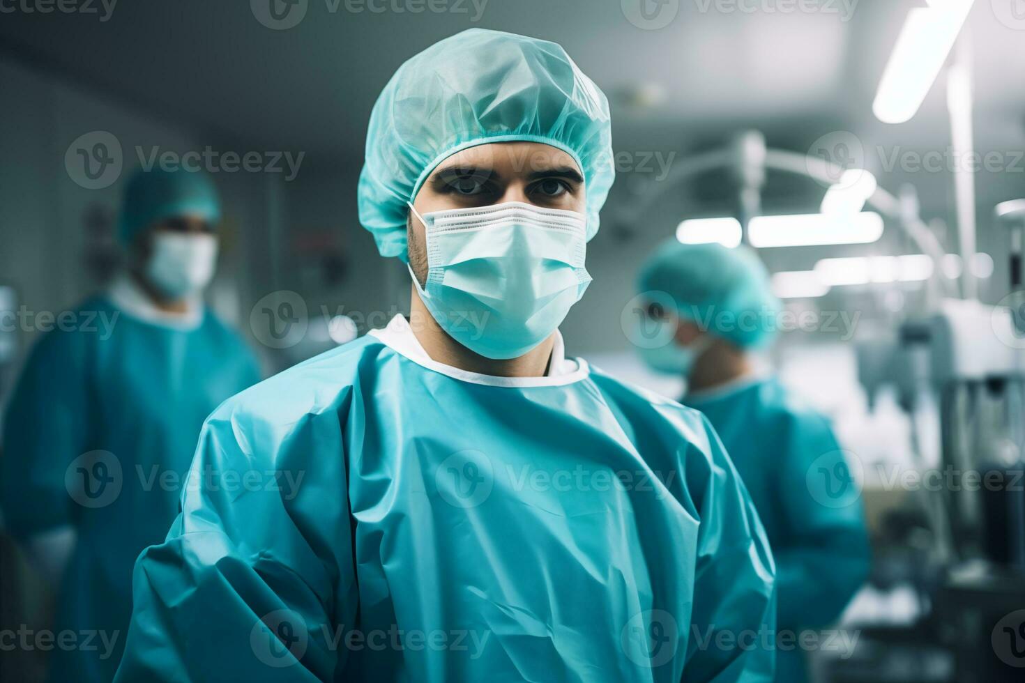 AI generated medic in a surgical suit and mask against the background of the operating room photo