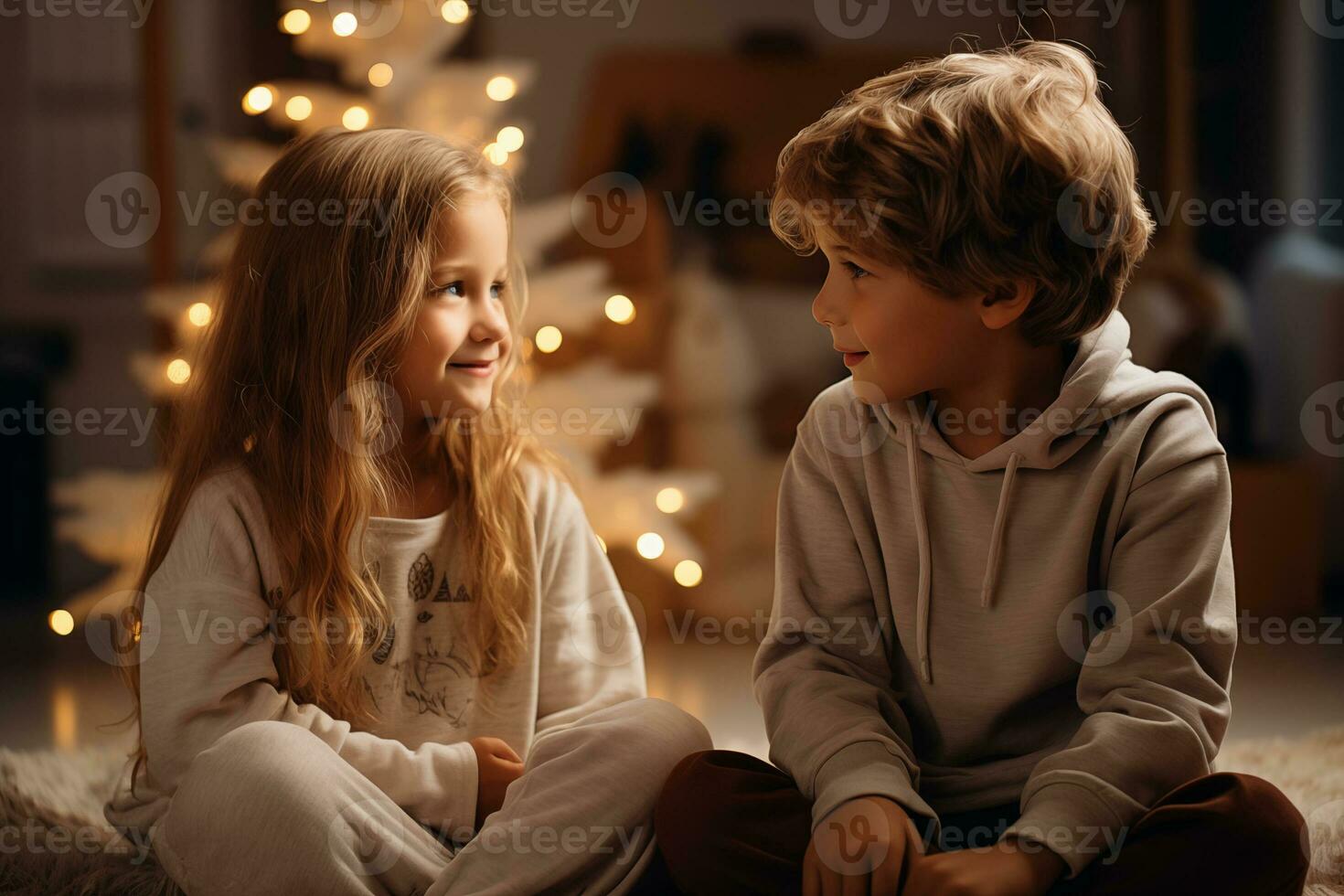 ai generado pequeño chico y niña sentado en sofá y comunicar en un festivo Navidad antecedentes foto