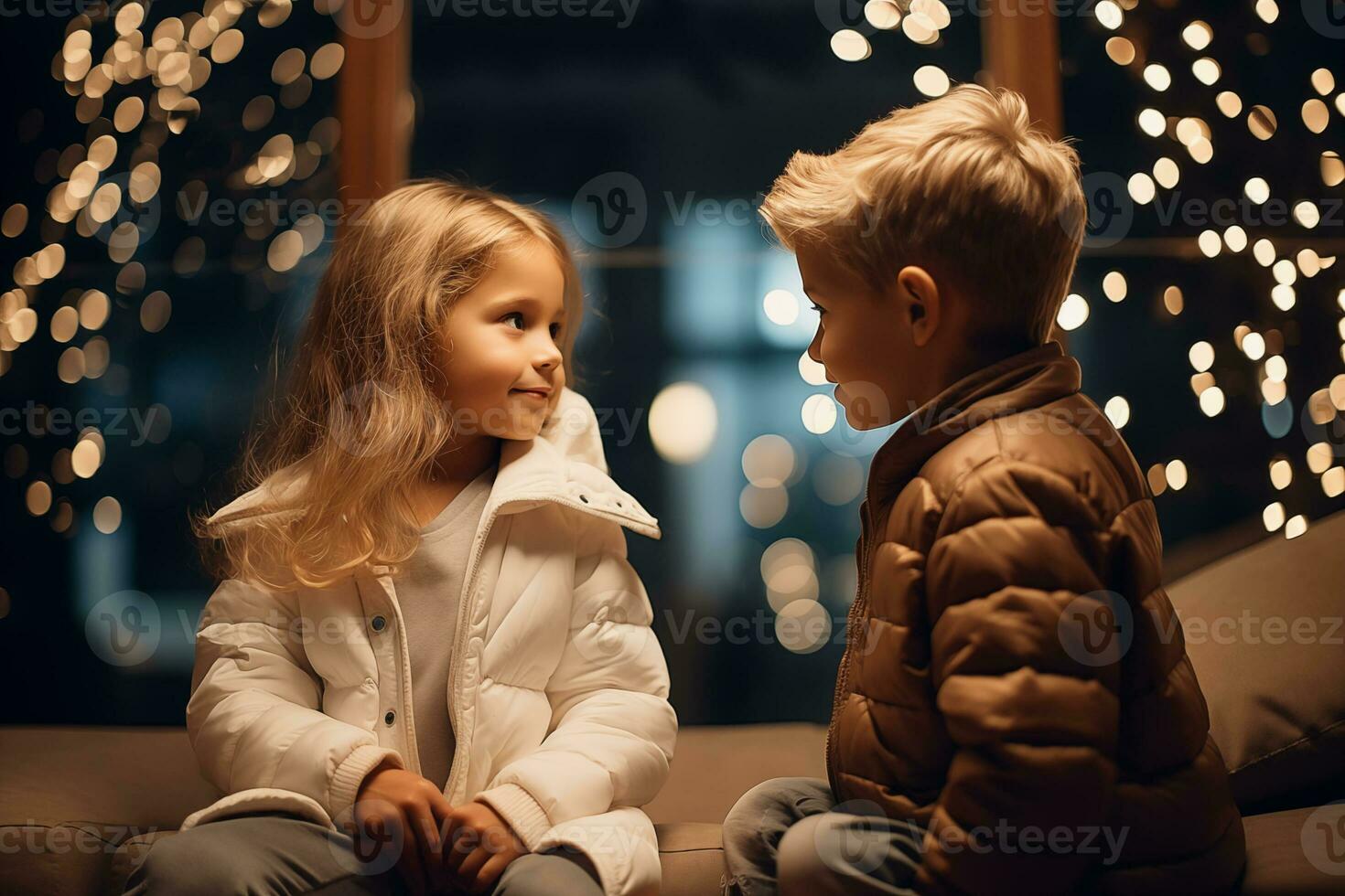 AI generated little boy and girl sitting on sofa and communicate on a festive New Year's background photo