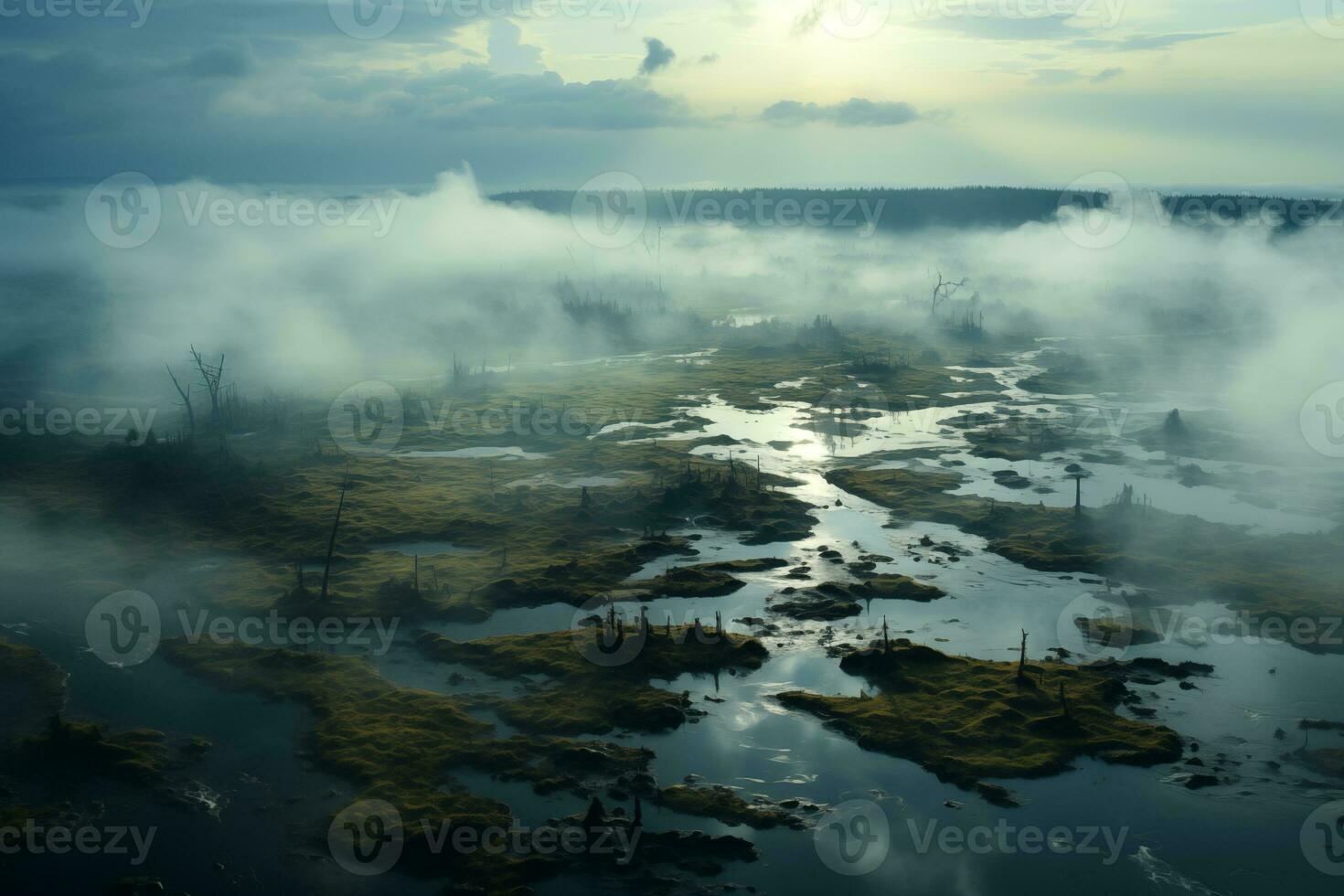 AI generated aerial view of vast bogland covered in fog photo