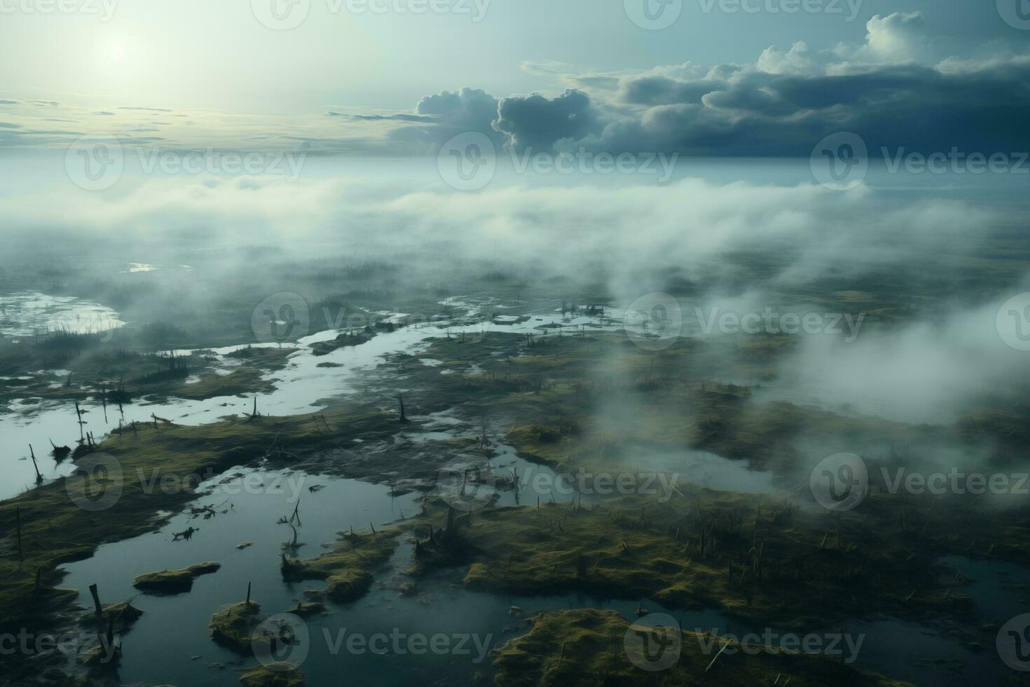 AI generated aerial view of vast bogland covered in fog photo