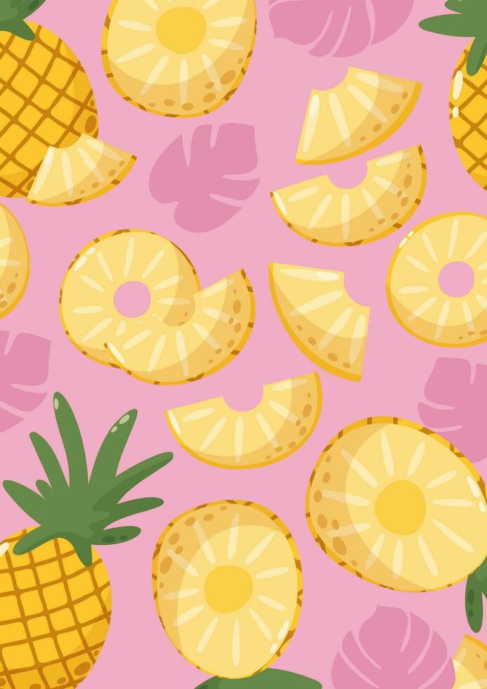 Pineapple background with whole and slices fruits. Summer tropical vitamin vector illustration for banner, poster, flyer, card, notebook. a4 format.