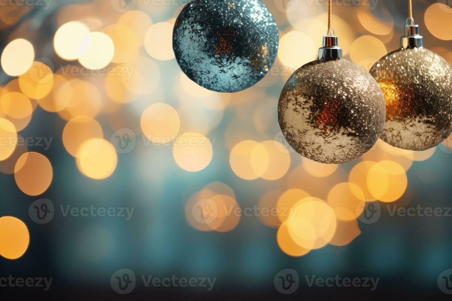 AI generated blurred festive background with New Year balls among decorated green branches of the Christmas tree photo