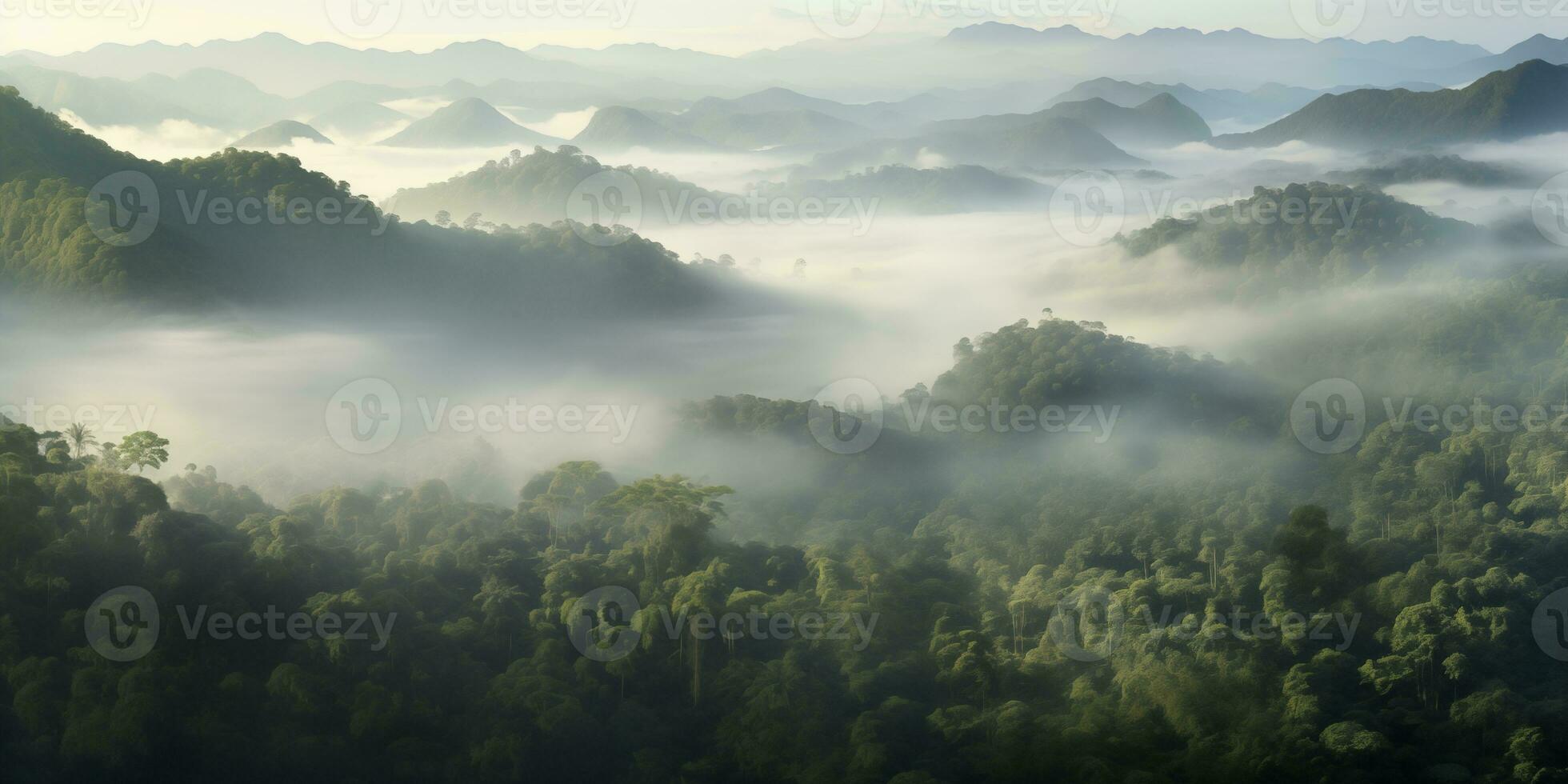 AI generated aerial view of wild mountain rainforest area in morning fog photo