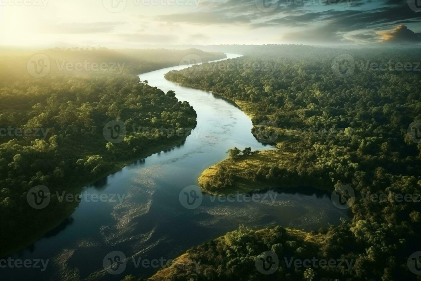 AI generated aerial view of the tropical rainforest during high water season photo