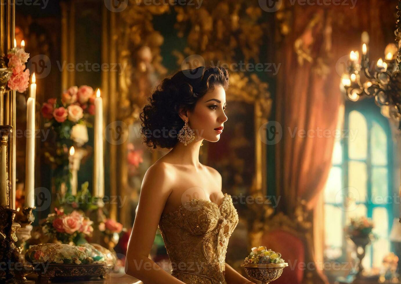 AI generated Attractive brown-haired woman in a corset in a retro room photo
