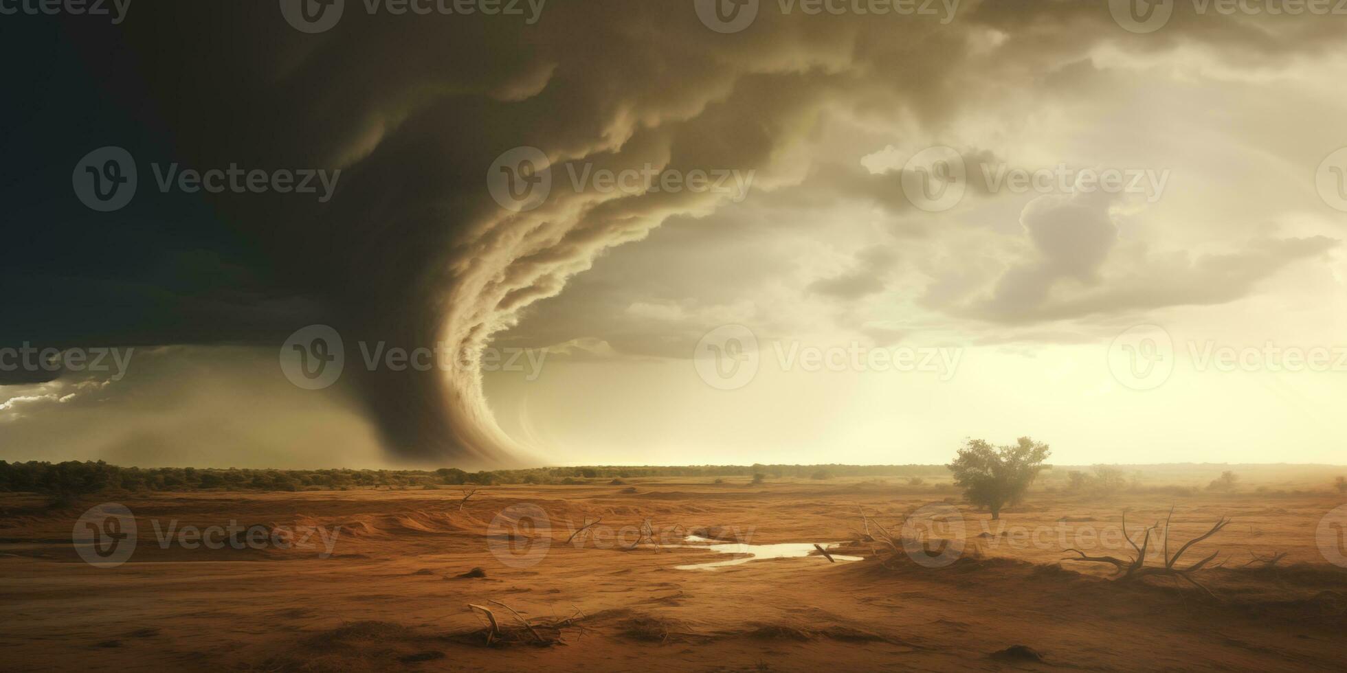 ai generado dramático paisaje con tornado en Desierto zona foto