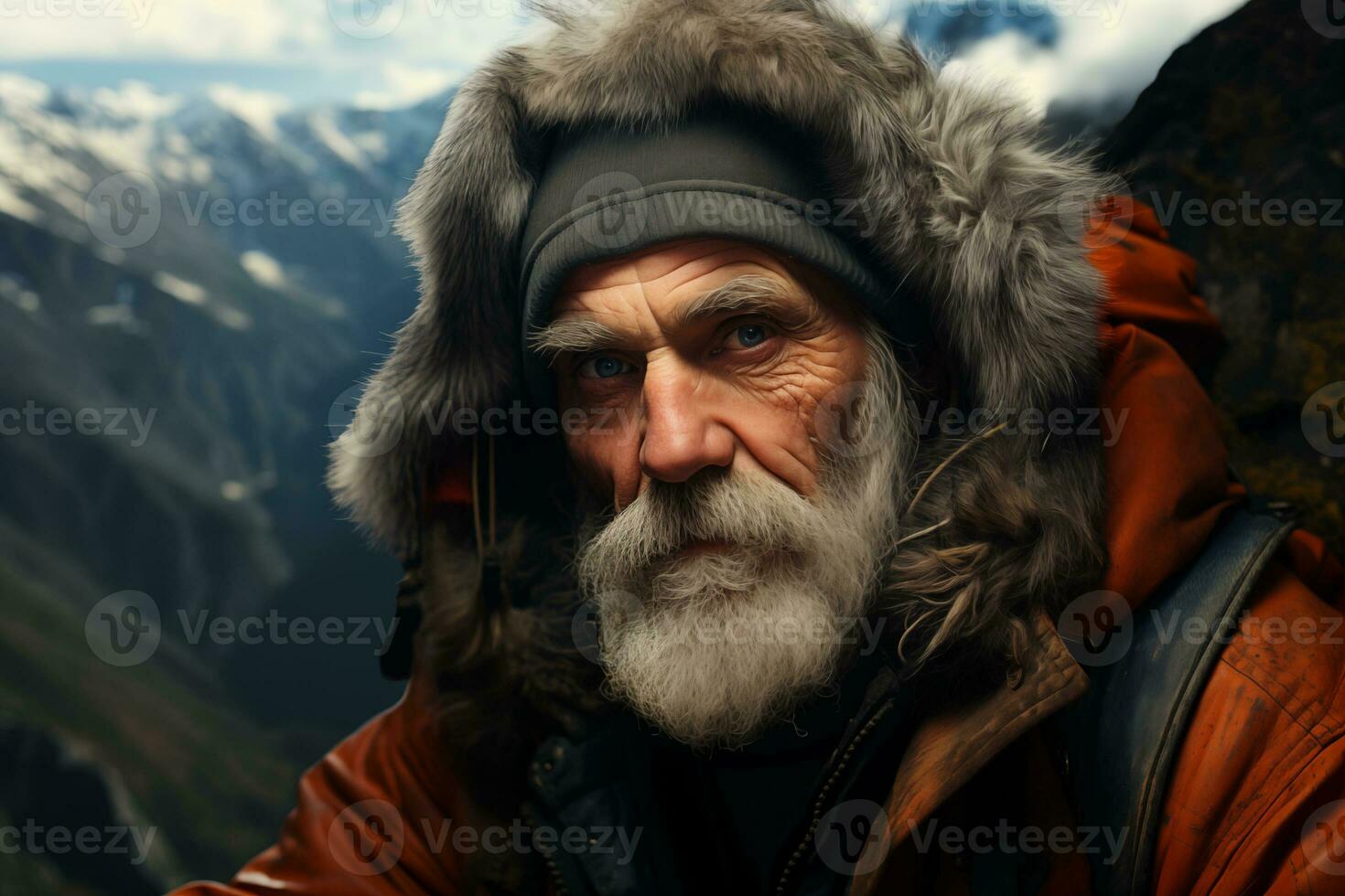 AI generated portrait of an elderly man in warm winter clothes against the background of mountains photo