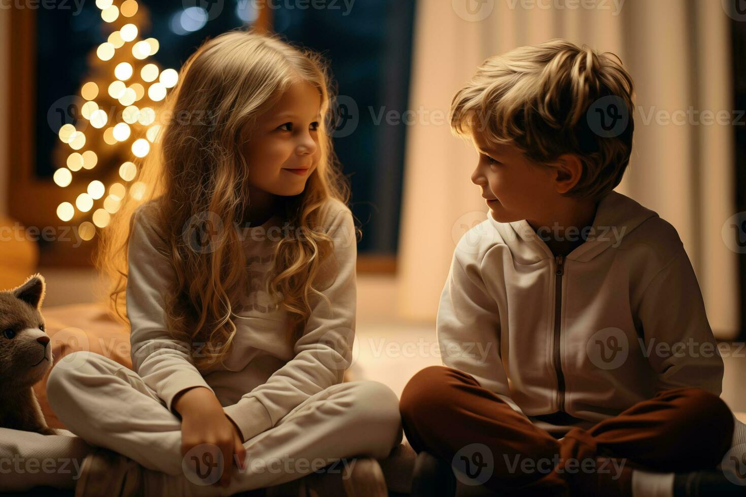 AI generated little boy and girl sitting on sofa and communicate on a festive New Year's background photo