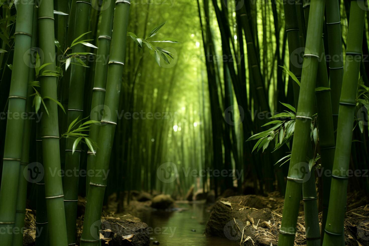 AI generated landscape of bamboo forest with calm river photo
