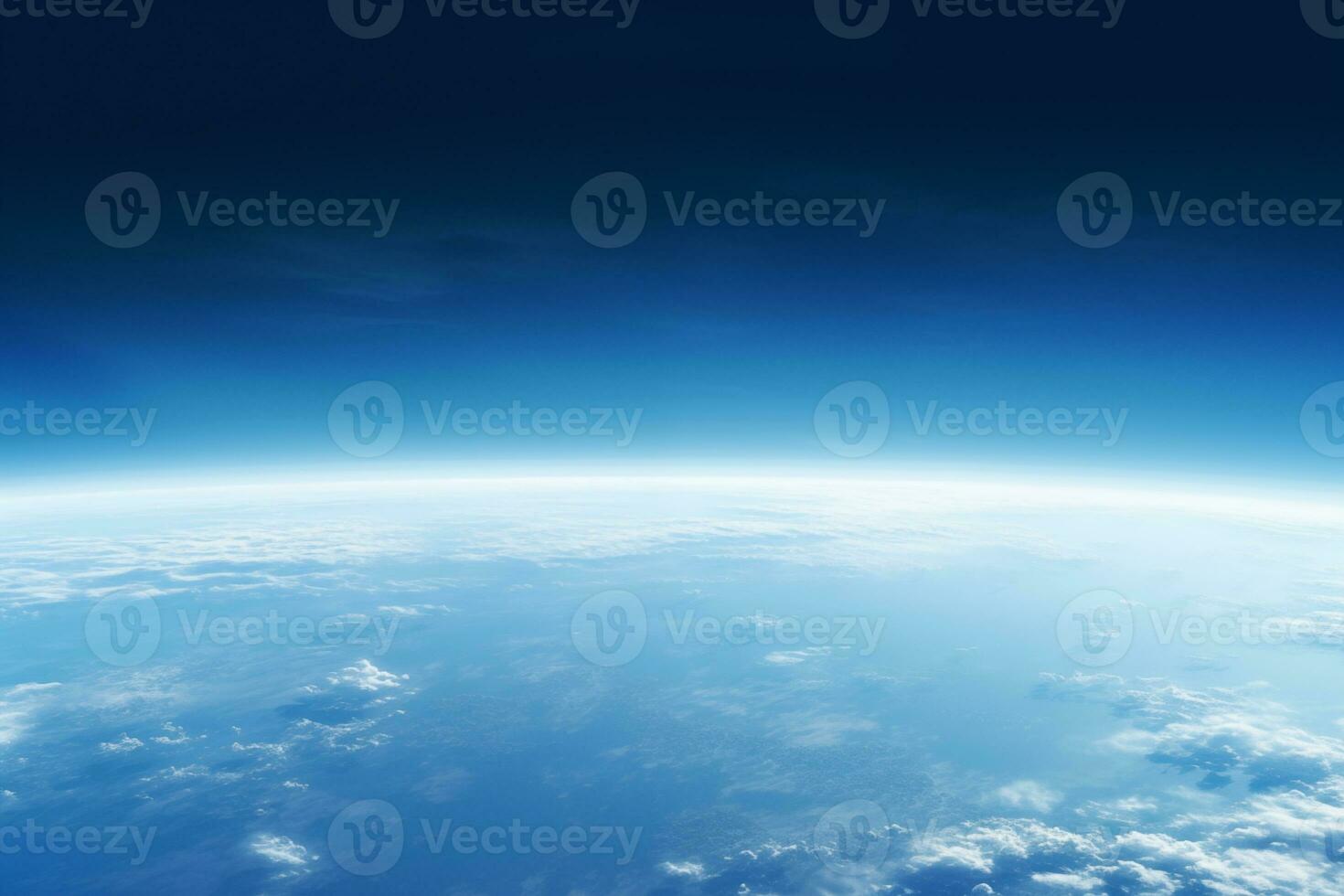 AI generated view from the space to the blue earth's surface with atmospheric haze and clouds photo