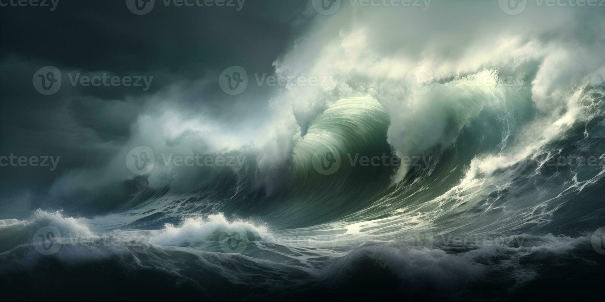 AI generated huge breaking wave under stormy sky photo