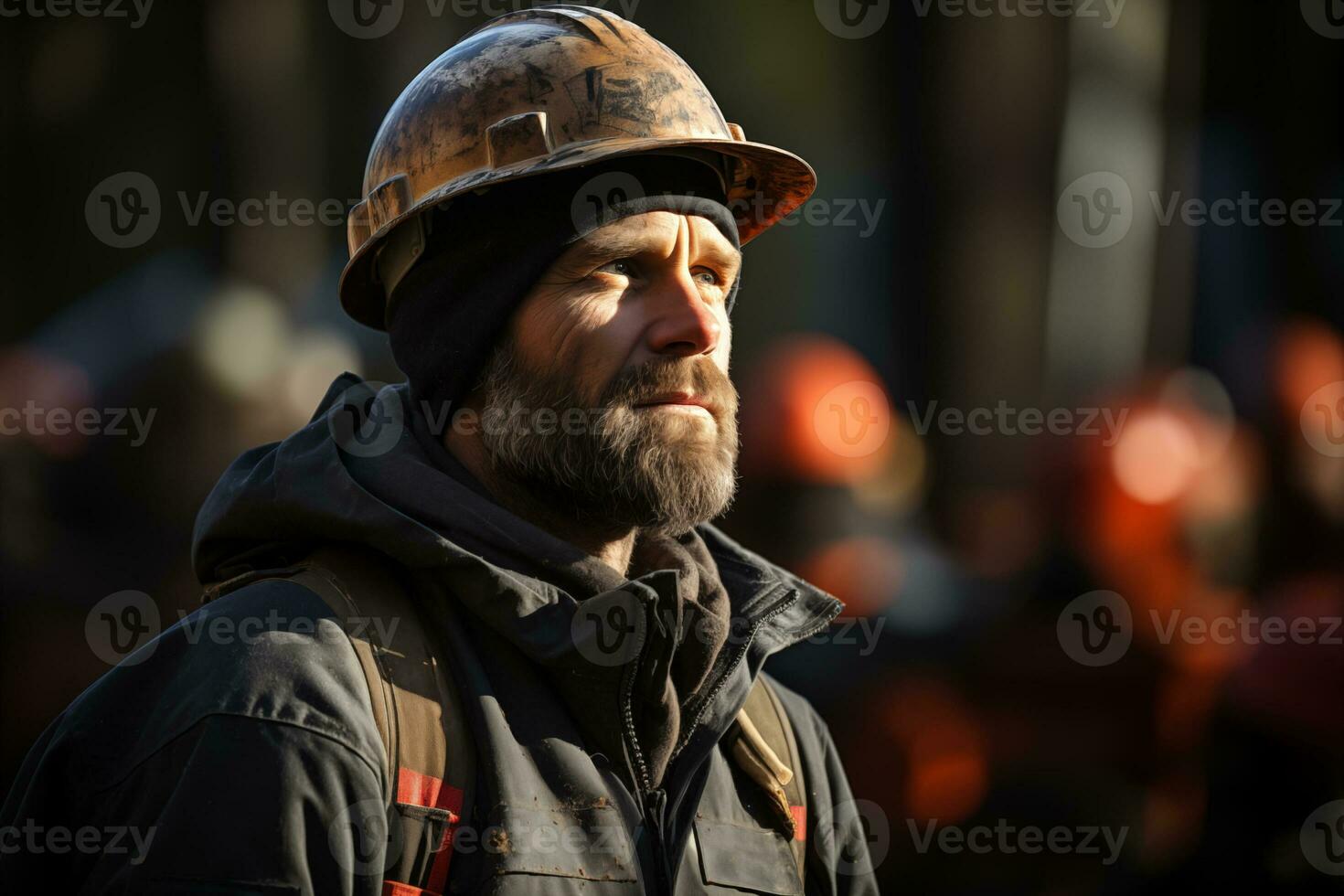 ai generado retrato de un hombre trabajador en un difícil sombrero en un borroso industrial antecedentes foto