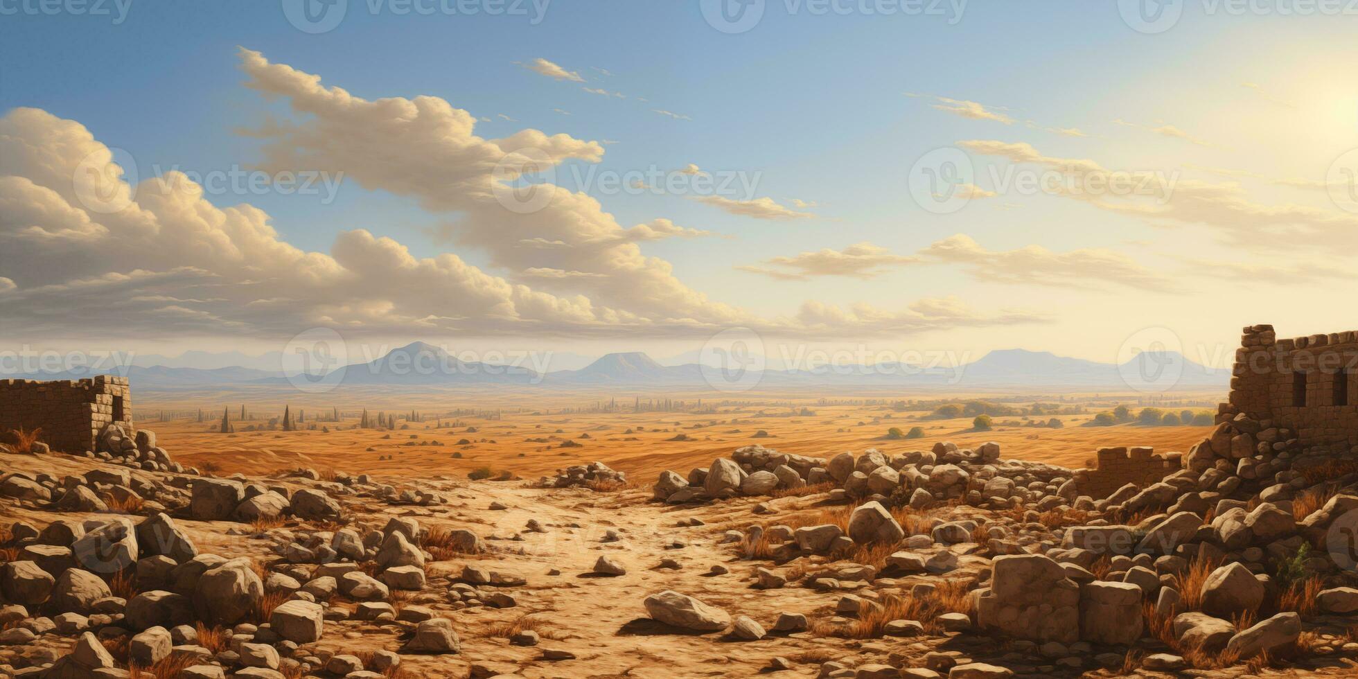 AI generated arid landscape, desert plain with ruins of an ancient city photo