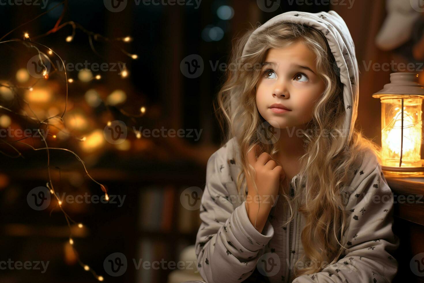 ai generado retrato de un pequeño niña en el vivo habitación en el noche, esperando para un milagro foto