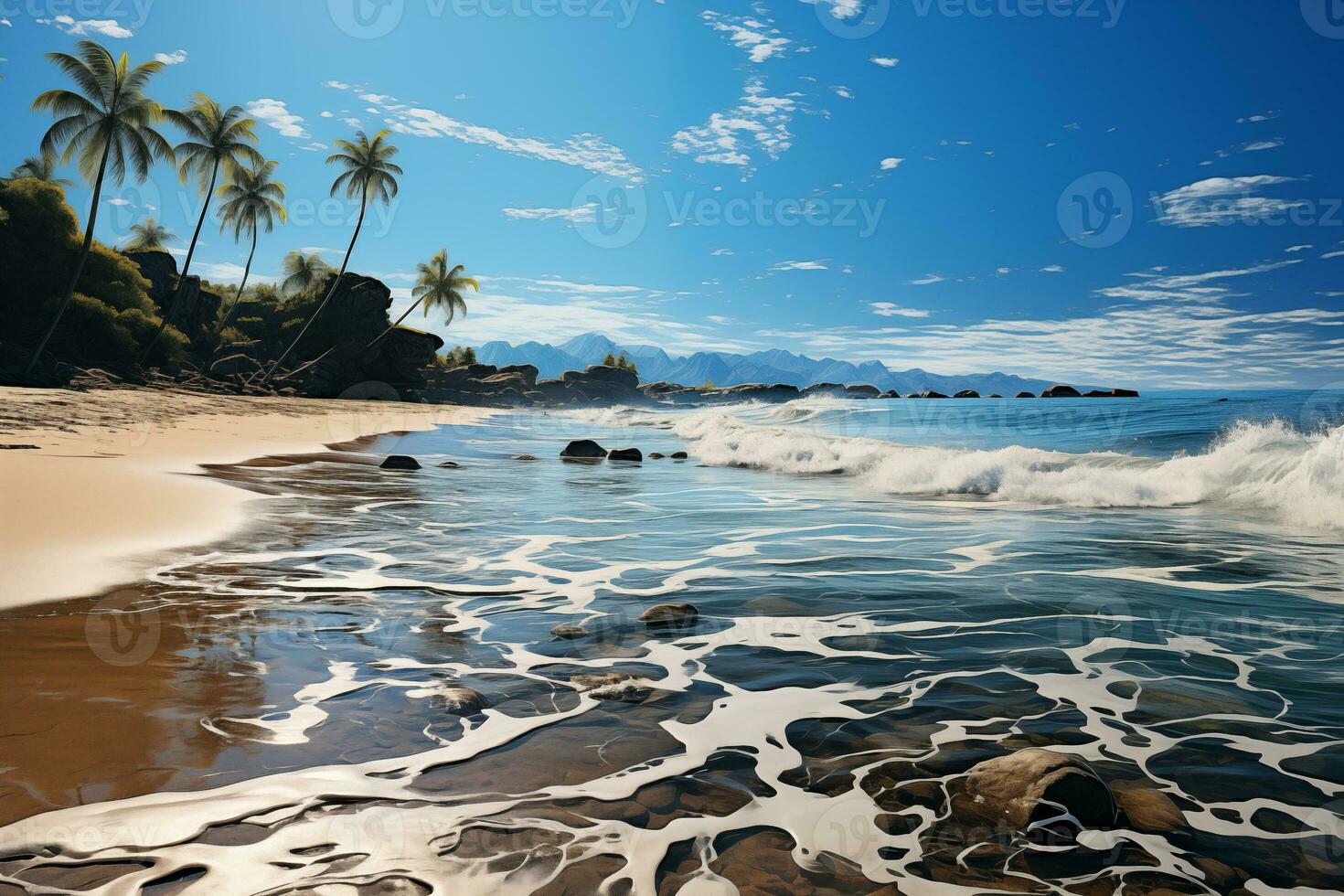 AI generated tropical coastal landscape, wild shore on the edge of the palm jungle photo