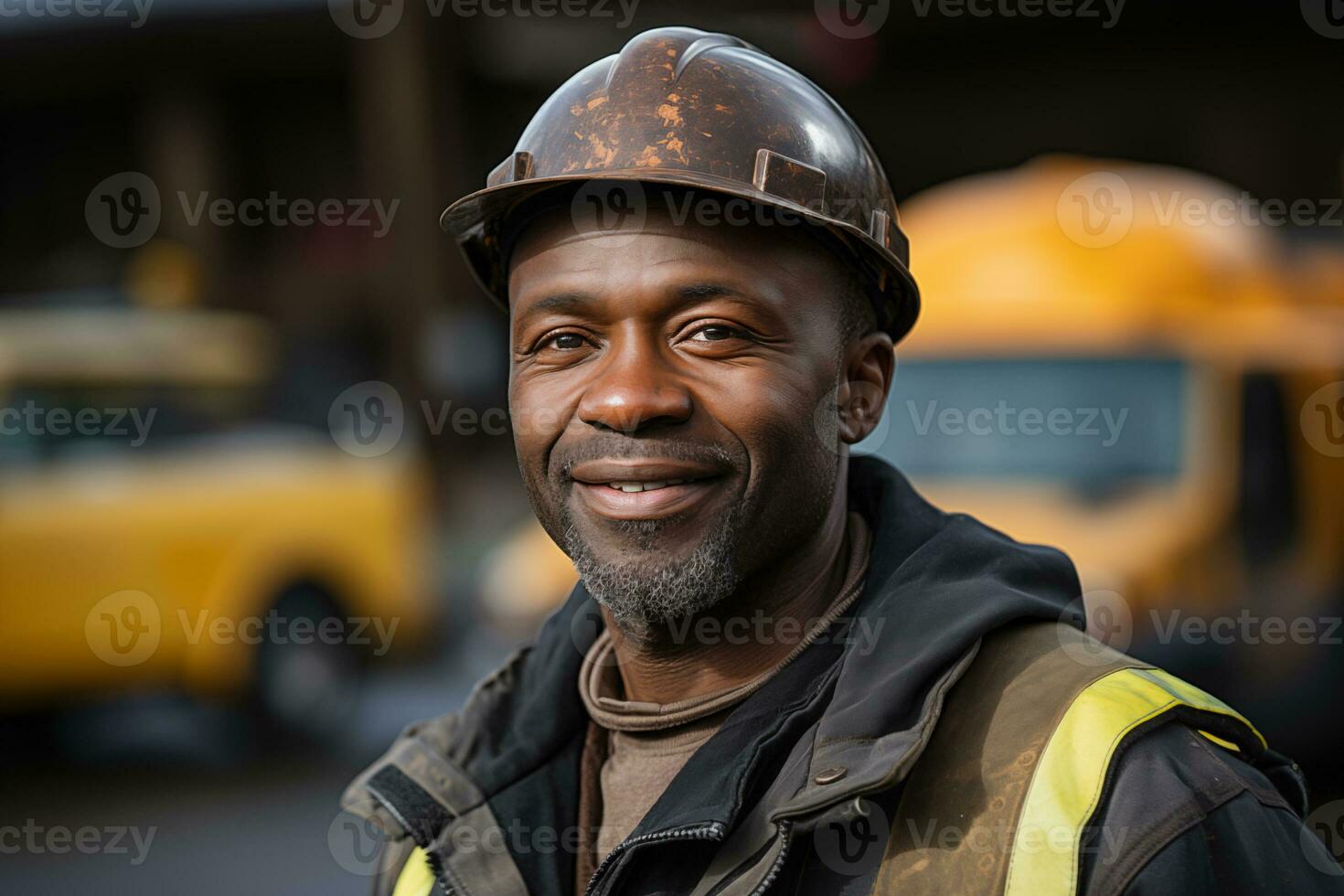 AI generated smiling male worker against the background of some vehicles photo