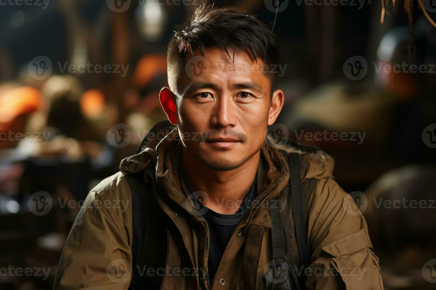 AI generated portrait of a tired man worker in overall on a blurred industrial background photo