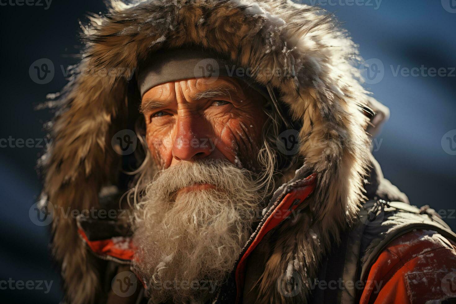 AI generated portrait of an senior man in warm winter clothes on winter frosty background photo