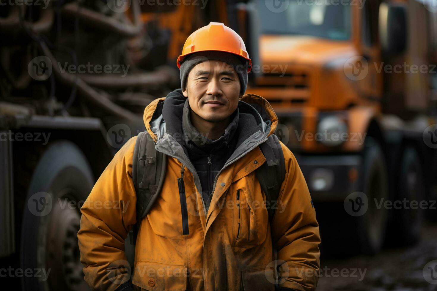 AI generated asian man worker against the background of some heavy trucks equipment photo