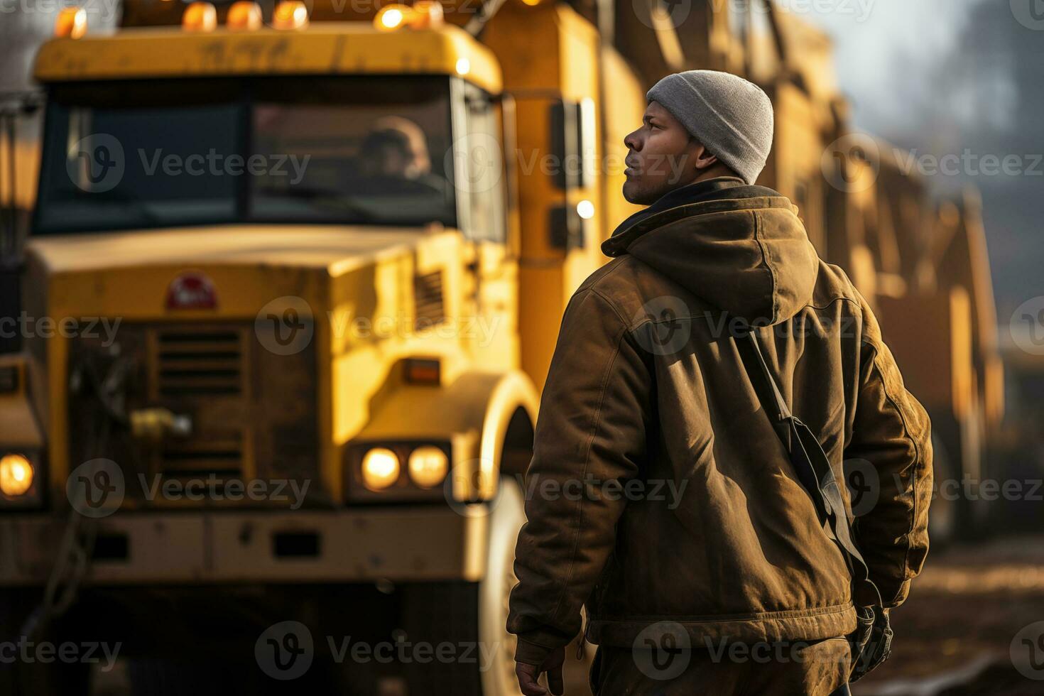 AI generated man in working overall stands with his back against the background of heavy equipment photo