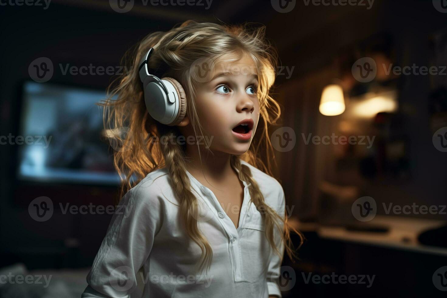 AI generated little girl listens to music on headphones in the evening in the living room photo