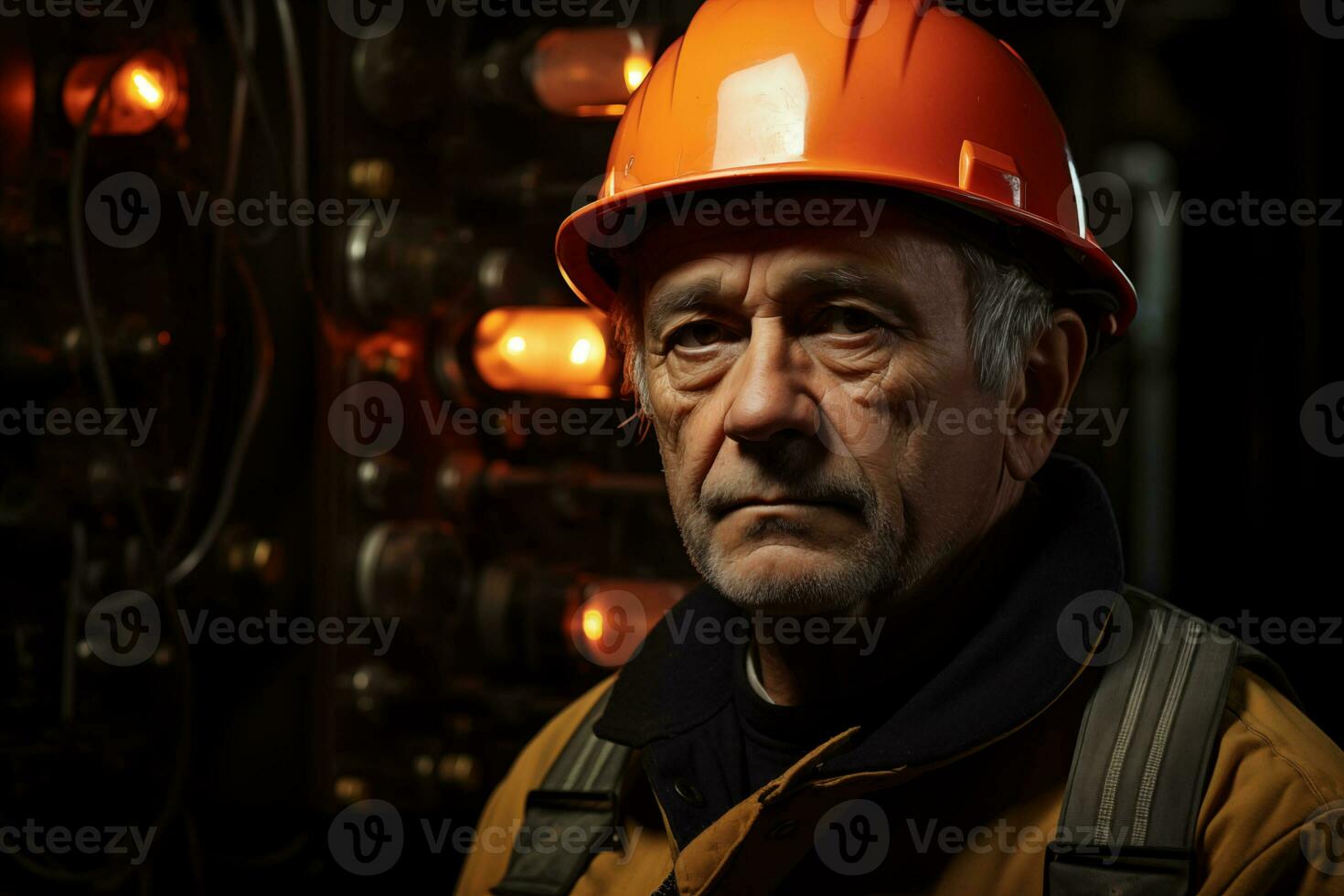 AI generated portrait of man worker in a hard hat on a blurred industrial background photo