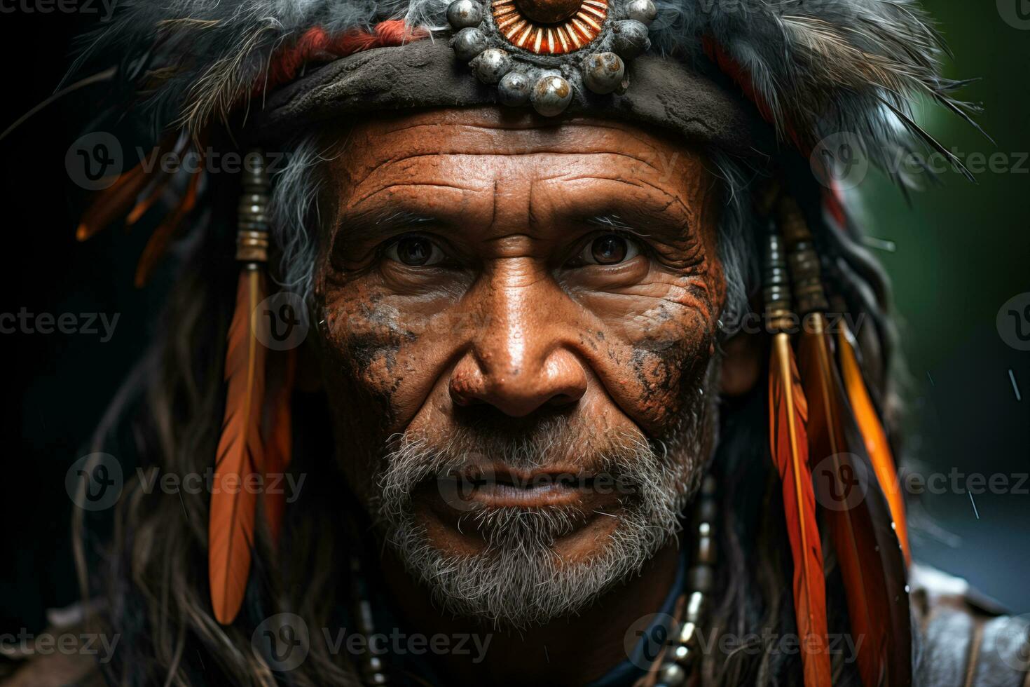 AI generated portrait of an elder tribal man in a headdress with feathers photo