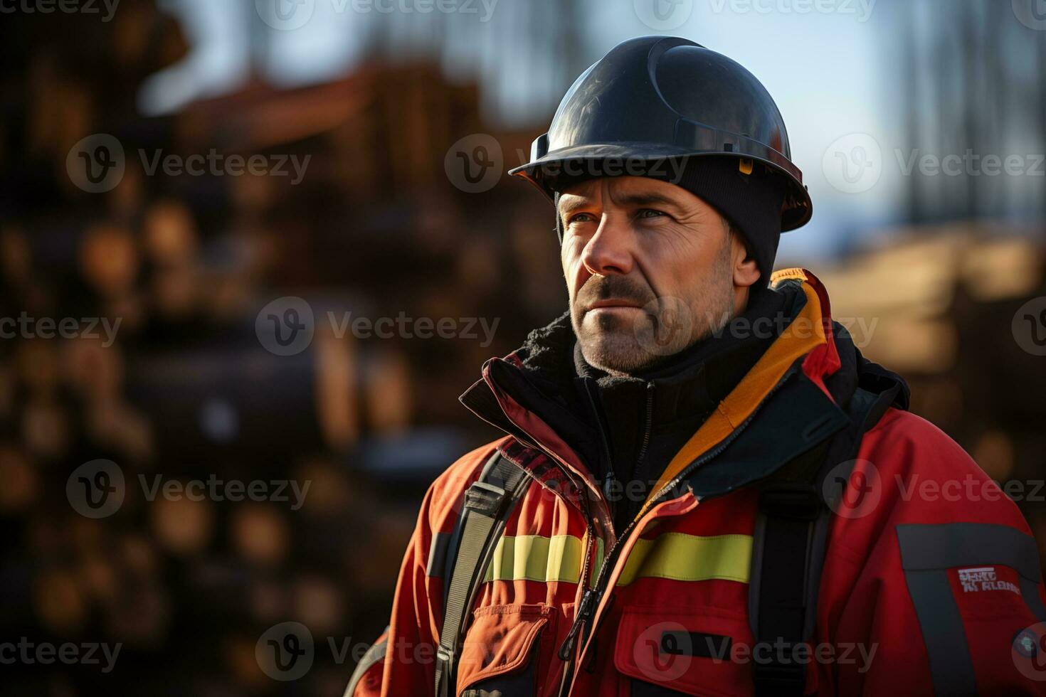 AI generated portrait of a man worker in a hard hat on a blurred industrial background photo