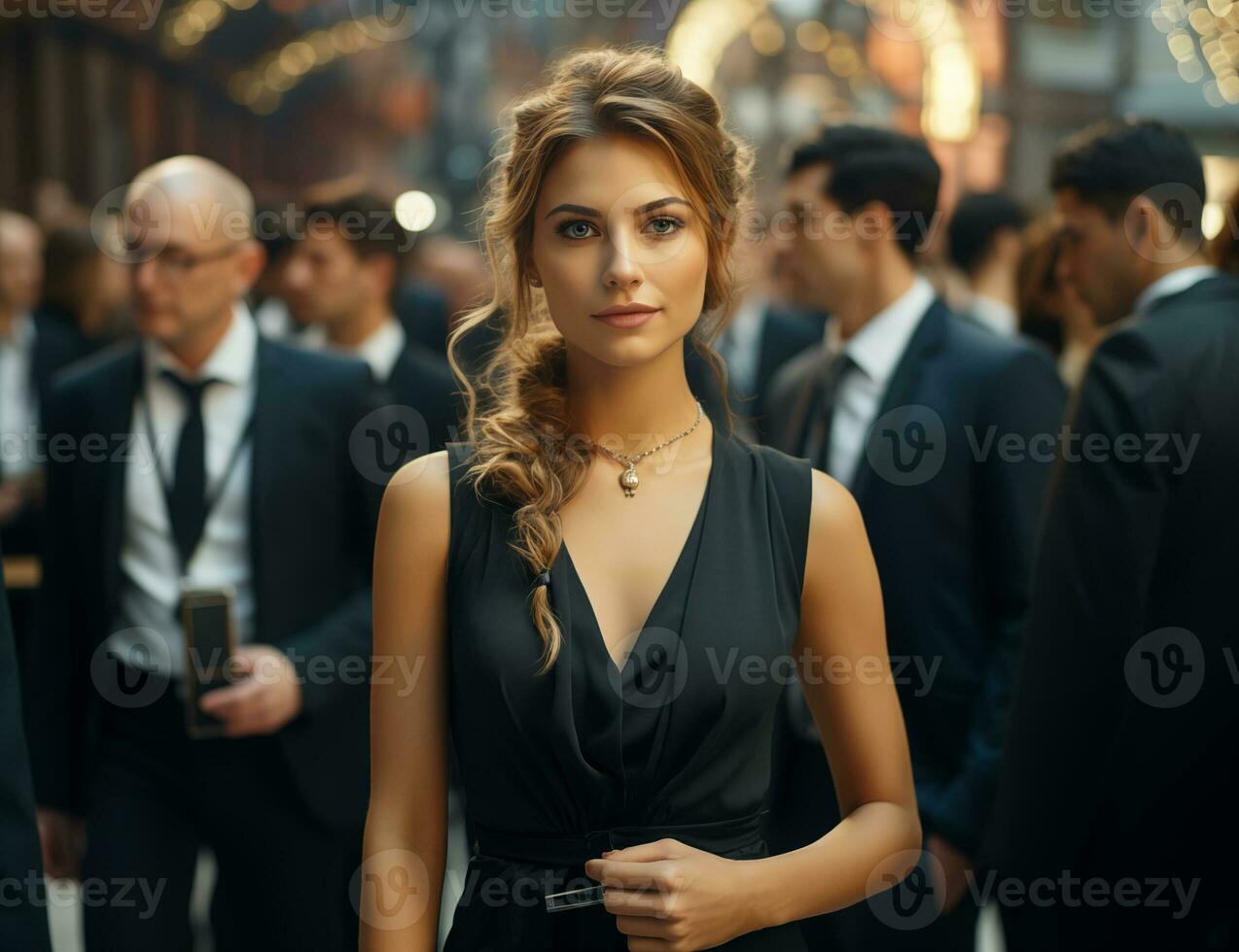 AI generated portrait of beautiful woman against the backdrop of a street with a people in business suits photo