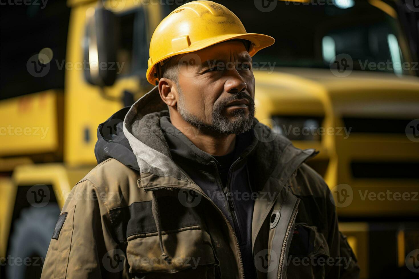 AI generated man in working overall against the background of some heavy trucks equipment photo