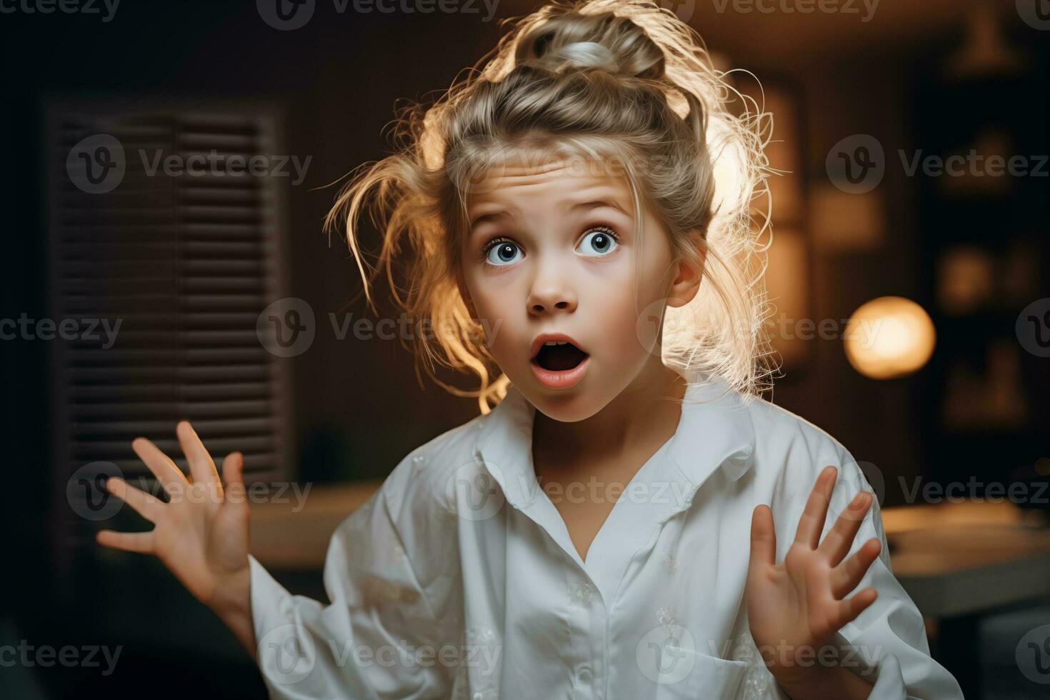 AI generated surprised little girl is expressive telling something in living room at home photo