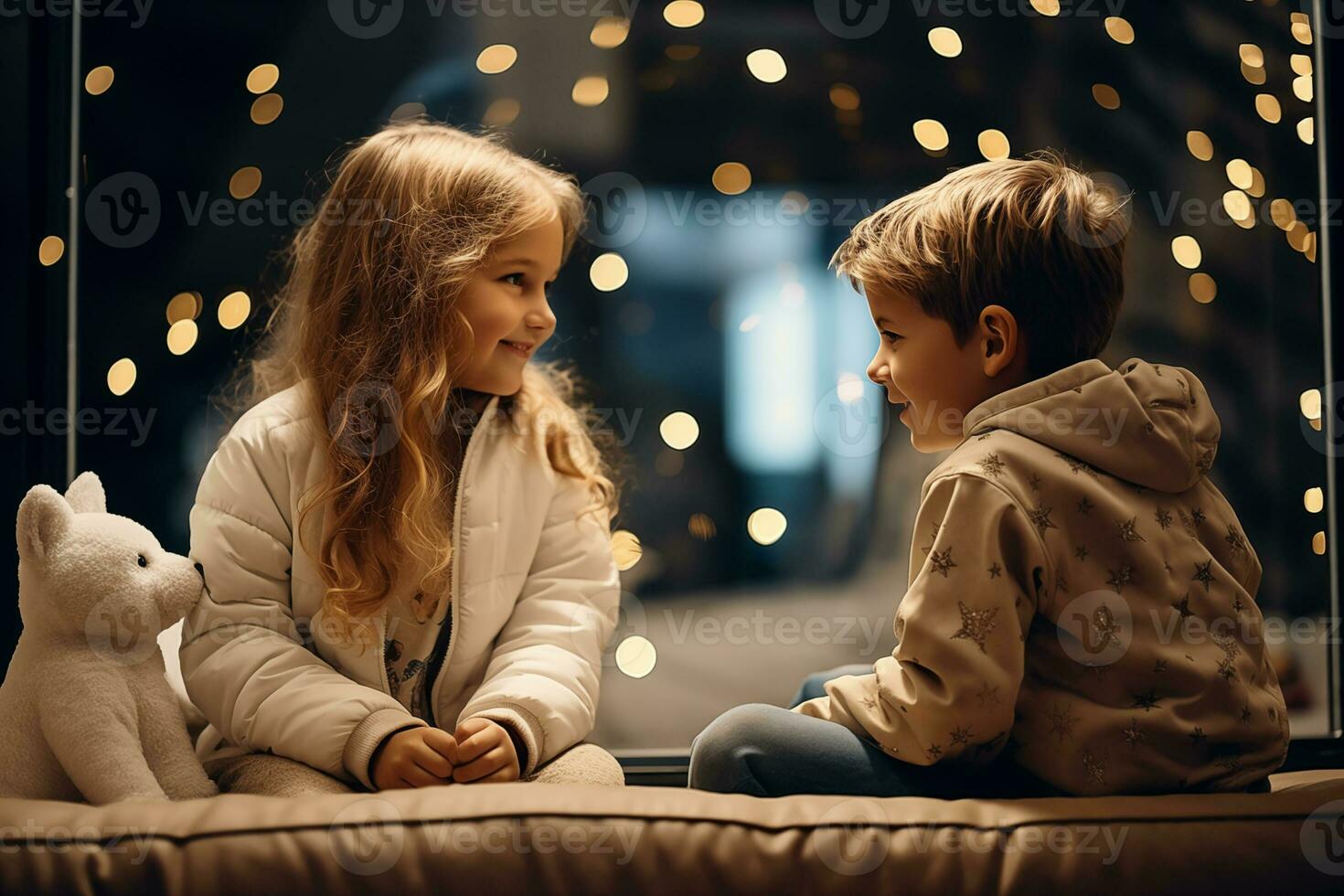 AI generated little boy and girl sitting on sofa and communicate on a festive New Year's background photo