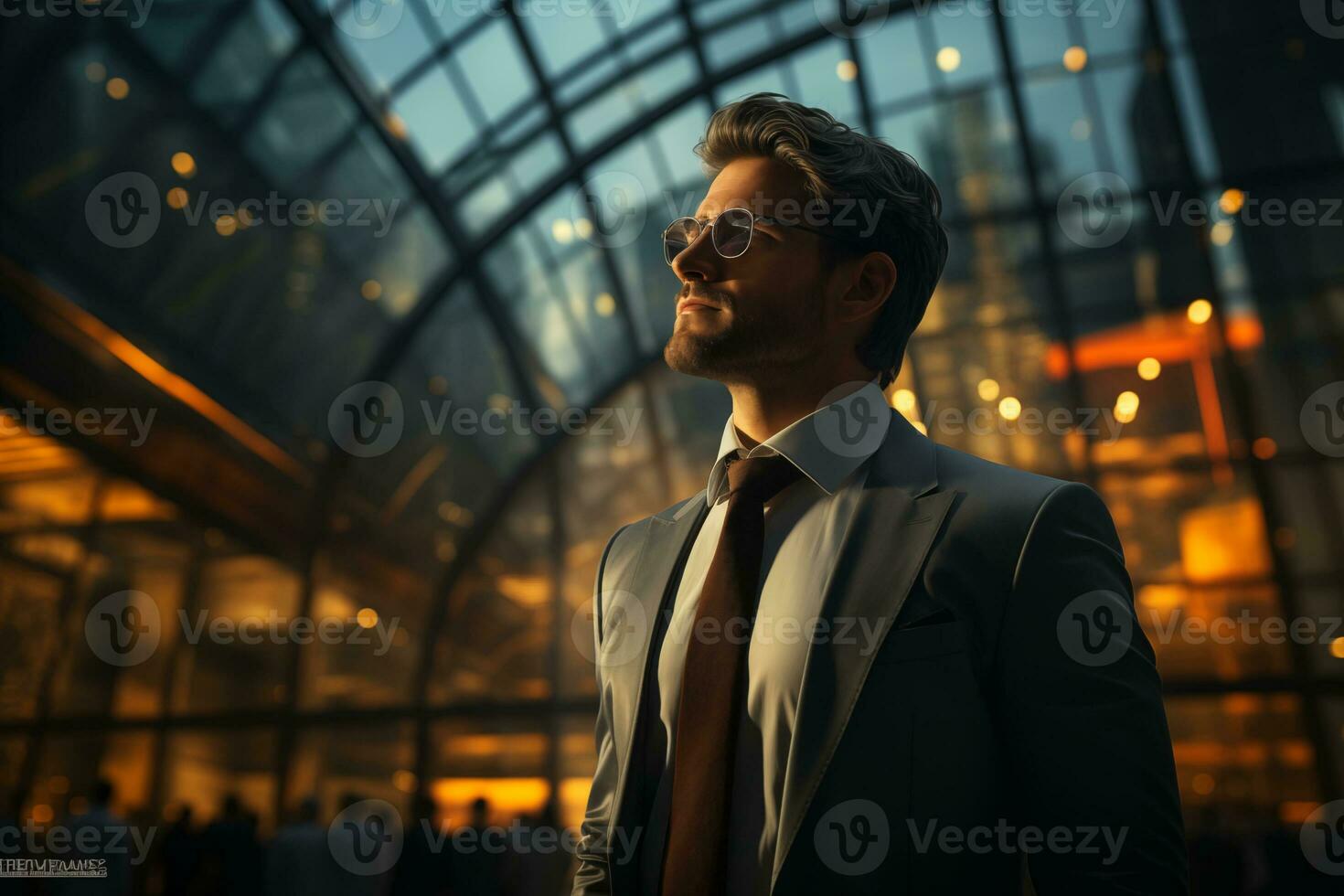 AI generated Handsome young businessman in suit and sunglasses standing in a modern office building, train station or airport photo