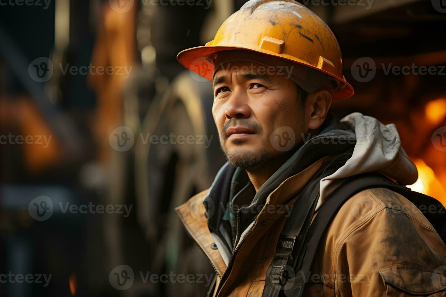 AI generated portrait of a man worker in a hard hat on a blurred industrial background photo