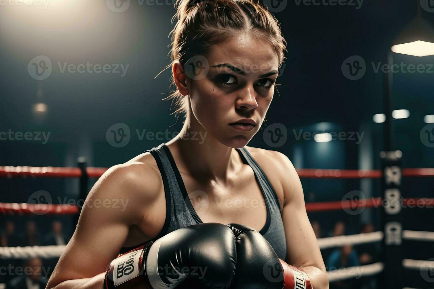 AI generated female boxer training in boxing ring photo
